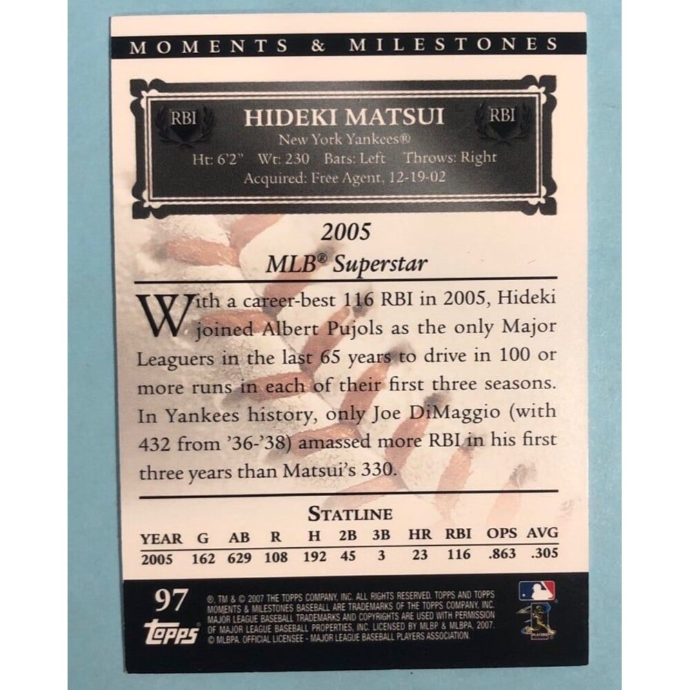 2007 Topps Moments & Milestones  NY Yankees Hideki Matsui Card #97 ,ser #002/150 - Picture 2 of 2